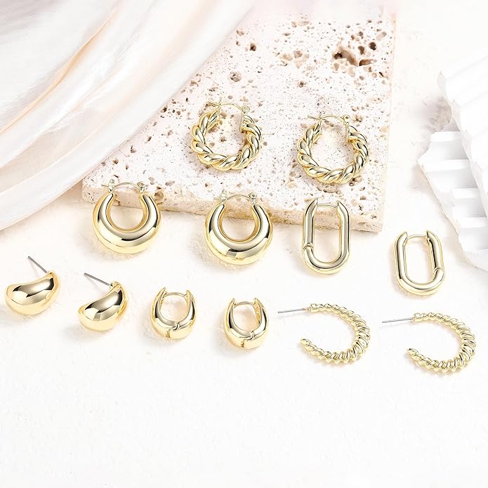 6 Pairs 14K Gold Plated Hoop Earrings for Women Lightweight Chunky Hoop Earrings Multipack Hypoallergenic, Thick Open Twisted Huggie Hoops Earring Set Jewelry for Gifts.