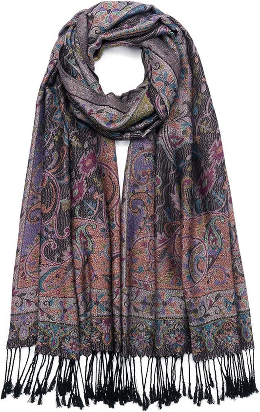 QIUTIMIY Paisley Pashmina Shawl Wrap Women Reversible Vintage Jacquard Pashmina Rave Scarf with Fringe for Evening, Wedding