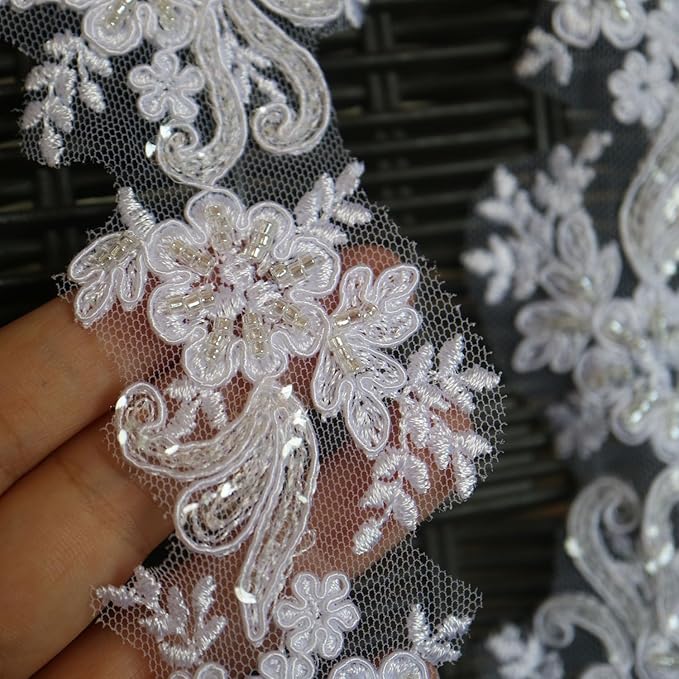 G-RUI 6cm*2yards Pure White Luxury Beaded Embroidery Flower lace Appliques for Wedding Dresses Rhinestone Applique Patches Embroidery lace parches ropa (Pure White Color)…
