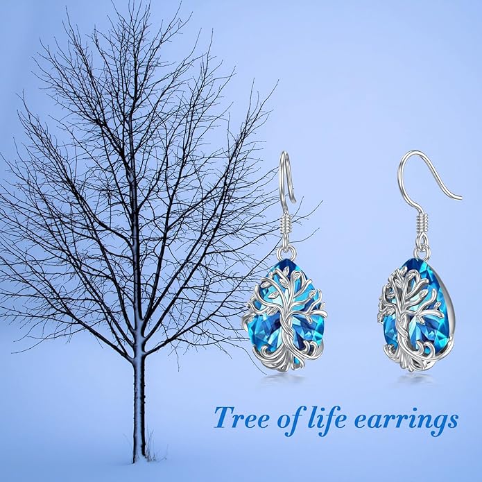 TOUPOP Tree of Life Earrings 925 Sterling Silver Family Tree Dangle Drop Earrings Crystal Jewelry Birthday Christmas Gifts for Women Her