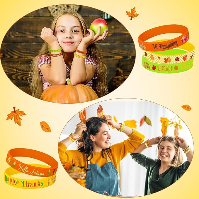 JUNEBRUSHS 64pcs Thanksgiving Party Favors Fall Leaves Pumpkin Silicone Bracelets Rubber Wristbands for Autumn Thanksgiving Home Office Party Decorations Gifts