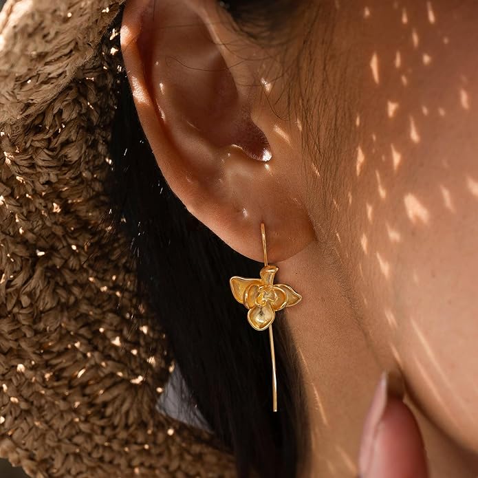 Statement Earrings for Women, Hypoallergenic 14k Gold Plated Chunky Flower Earrings Long Dangle Drop Floral Earring Simple Gold Earrings for Women Trendy Jewelry Gifts