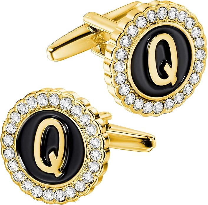 HAWSON A-Z Initial Cufflinks for Men and Women with Clear Crystal, Gold Silver Color Rasied Letter A-Z Cuff Links for French Shirt, Gift for Normal and Business Wearing