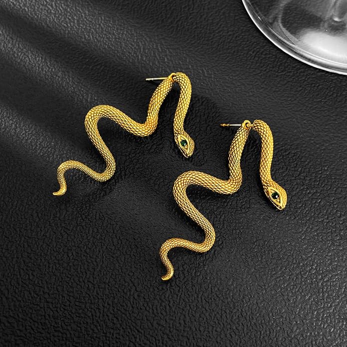 snake shaped personalized earrings with stainless steel pattern inlaid with emerald gemstones, showcasing unique charm for daily parties