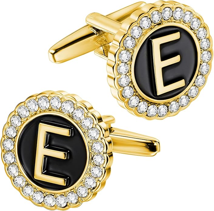 HAWSON A-Z Initial Cufflinks for Men and Women with Clear Crystal, Gold Silver Color Rasied Letter A-Z Cuff Links for French Shirt, Gift for Normal and Business Wearing