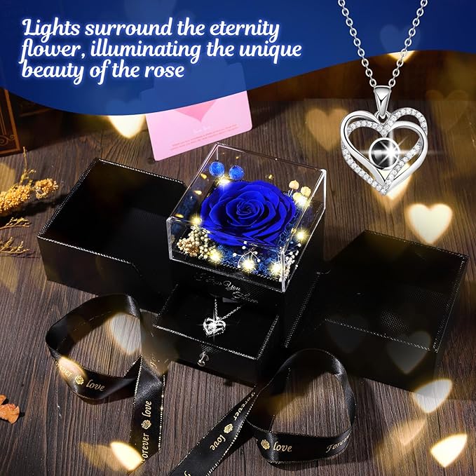Preserved Blue Real Rose Flowers in Box with I Love You in 100 Languages Necklace - Unique Gift for Women Mom Wife Girlfriend on Mother's Day Valentine's Day, Birthday, Christmas