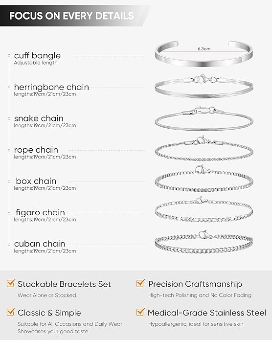 VNOX 5/7 Pcs Chain Bracelet for Men Women - Sturdy Stainless Steel Curb Width Cuban Link Chain Bracelet Set for Men Women,6.5/7/7.4/8.2/9 Inches