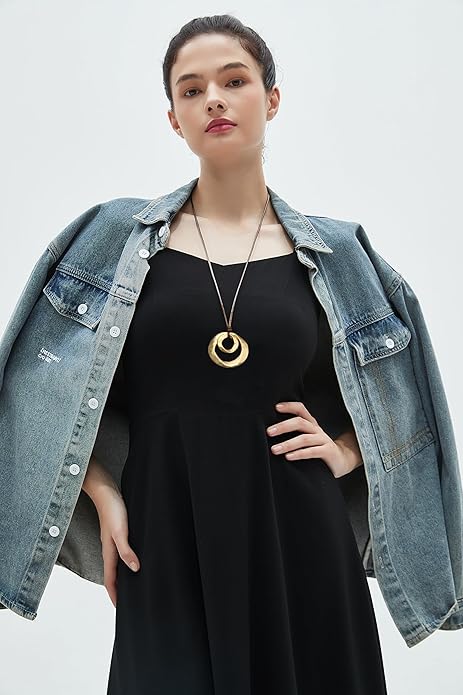 Long Boho Necklaces for Women Vintage Leather Wooden Pendant Y Choker Ethnic Style Gold Circle Hippie Sweater Necklace