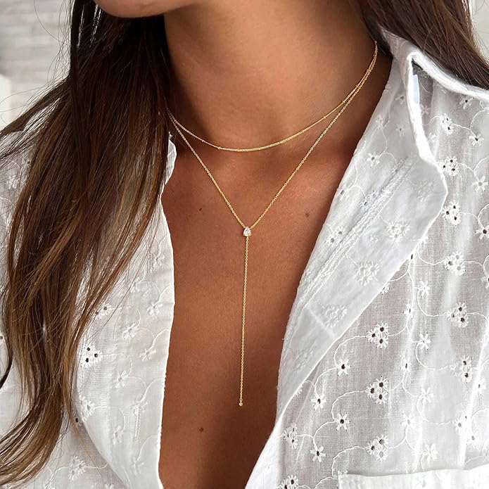 Ursteel Dainty Lariat Necklace for Women, 14K Gold Plated Y-Shaped Long Necklace Layered Drop Necklaces Pearl Cross Clover CZ Charm Necklaces for Women Christmas Jewelry Gifts Stocking Stuffers