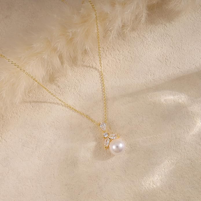 Pearl Necklace for Women Trendy,14k Gold Plated Necklace Dainty Wedding Necklace Small Cute Choker Necklace Beaded Lariat Drop Necklace Vintage Waterproof Jewelry for Women Gold Jewelry Fashion Gifts