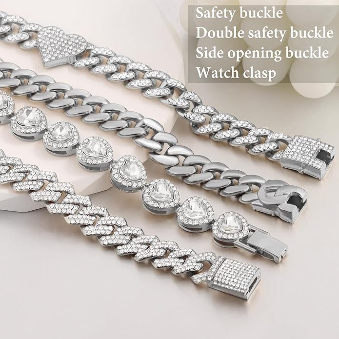 shopbyskyler 4PCS Gold Bracelets for Women Silver Clustered Tennis Bracelet for Women Heart Round Diamond Cuban Bracelet Layered Link Bracelet Set Fashion Jewelry for Women Set