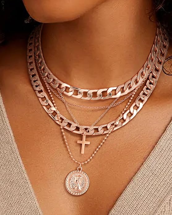 MJartoria Layered Necklaces for Women Trendy Retro Coin Pendant Necklace Dainty Chunky Chain Choker Necklaces for Jewelry Birthday Gifts