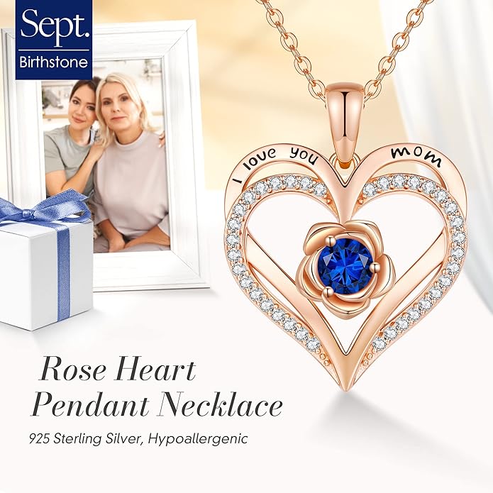 CDE Christmas Gifts for Women S925 Silver Rose Gold Heart Birthstone Necklaces for Women，Ideal Anniversary or Birthday Jewelry Gifts for Wife Girlfriend Her