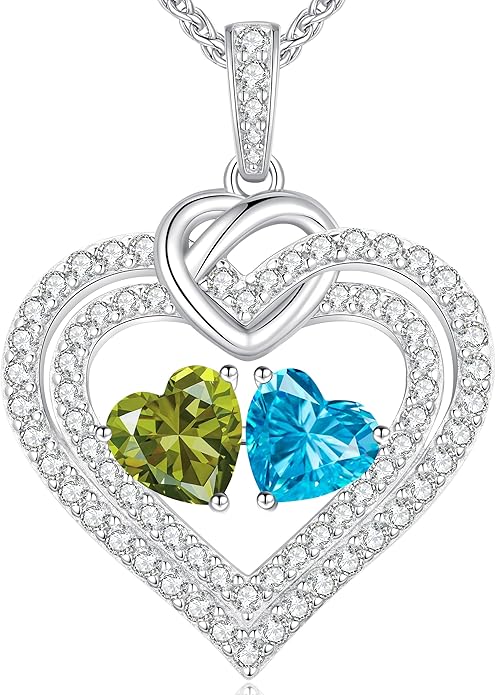 LOUISA SECRET Sparkling Double Heart Birthstone Necklaces for Women, 925 Sterling Silver Fine Jewelry, Pendant Heart Necklaces Birthday Anniversary Christmas Gift for Women Wife Mom Girlfriend Lady