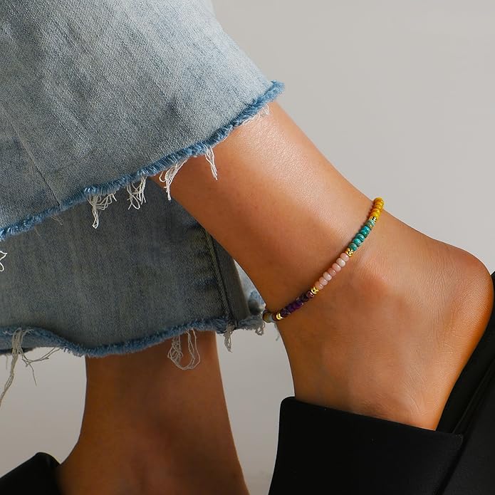 Natural Stone Beaded Anklets Bracelets for Women Handmade Beaded Anklet Bracelet Waterproof Boho Beads Ankle Bracelet Adjustable Summer Jewelry