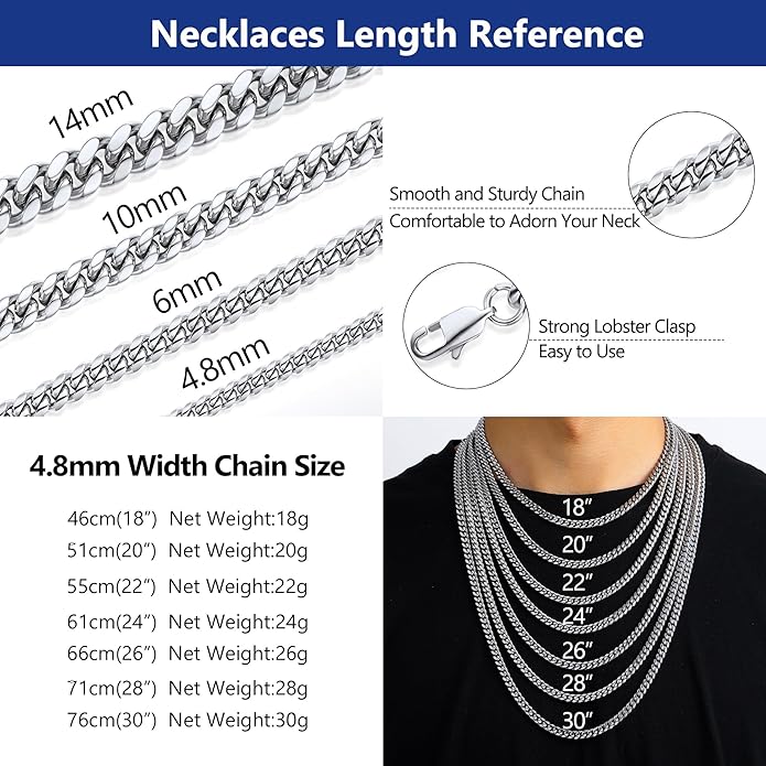 PROSTEEL 316L Stainless Steel Figaro Cuban Chain Necklace for Men, Black/18K Real Gold Plated, 4/5/6/7.5/9/10/13mm, 14inch-30inch, Come with Box
