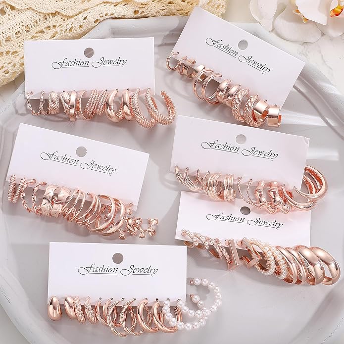 36 Pairs Gold Hoop Earrings Set for Women, Fashion Chunky Gold Hoop Earrings Multipack, Hypoallergenic Pearl Chain Twisted Statement Earring Pack for Birthday Party Jewelry