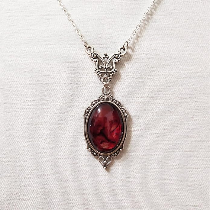 Gothic Vampire Necklace Vintage Stardust Crystal Cameo Pendant Necklace Punk Style Vampire Pendant Oval Necklace Satanic Demon Red Pendant Necklace Jewelry