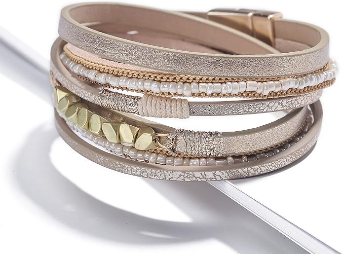 Fesciory Leather Wrap Bracelets for Women, Boho Leopard Multi-Layer Crystal Beads Cuff Bracelet Jewelry