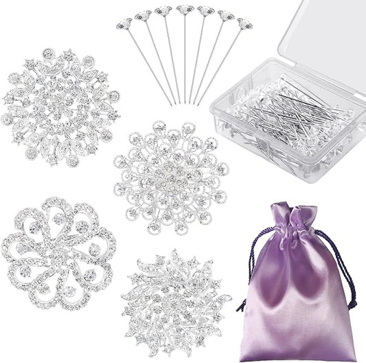kilofly 4pc Rhinestone Wedding Crystal Floral Bouquet Brooch + 100pc Pins + Gift Bag
