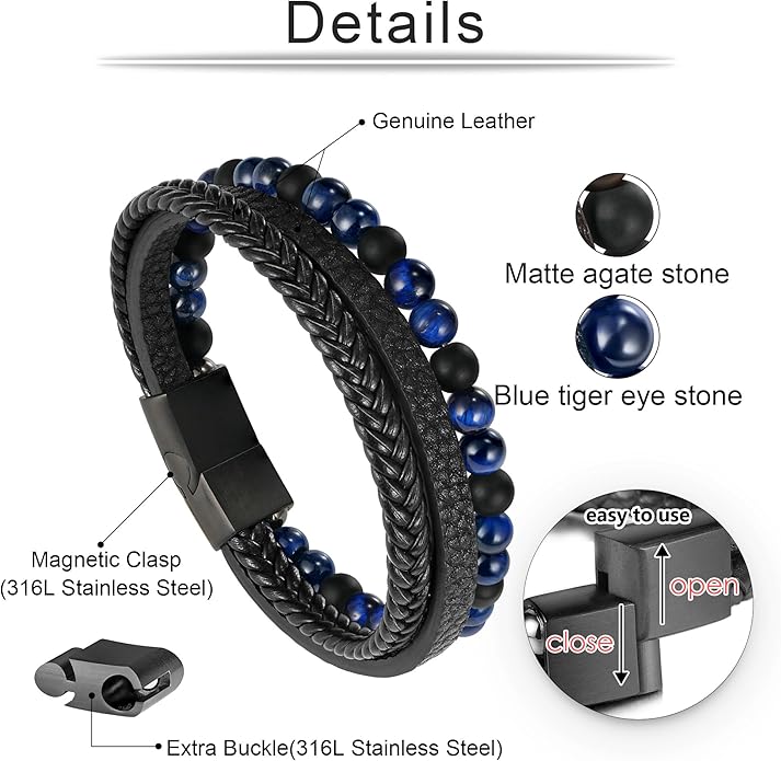 Gifts for Men - Layered Leather Beads Bracelet, Tiger Eye Lava Rock Stone Braided Leather Bracelets for Men Adjustable Magnetic Clasp Birthday Gifts