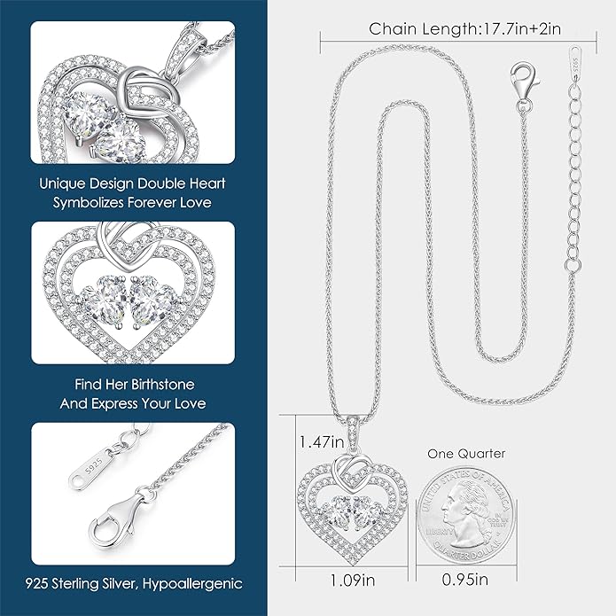 LOUISA SECRET Sparkling Double Heart Birthstone Necklaces for Women, 925 Sterling Silver Fine Jewelry, Pendant Heart Necklaces Birthday Anniversary Christmas Gift for Women Wife Mom Girlfriend Lady