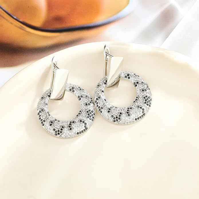 Rose Gold Hoop Earrings for Women, 925 Silver-Plated Thickened Hypoallergenic Earrings, CZ Black Gemstone-Inlaid Earrings - Women's Fashion Jewelry