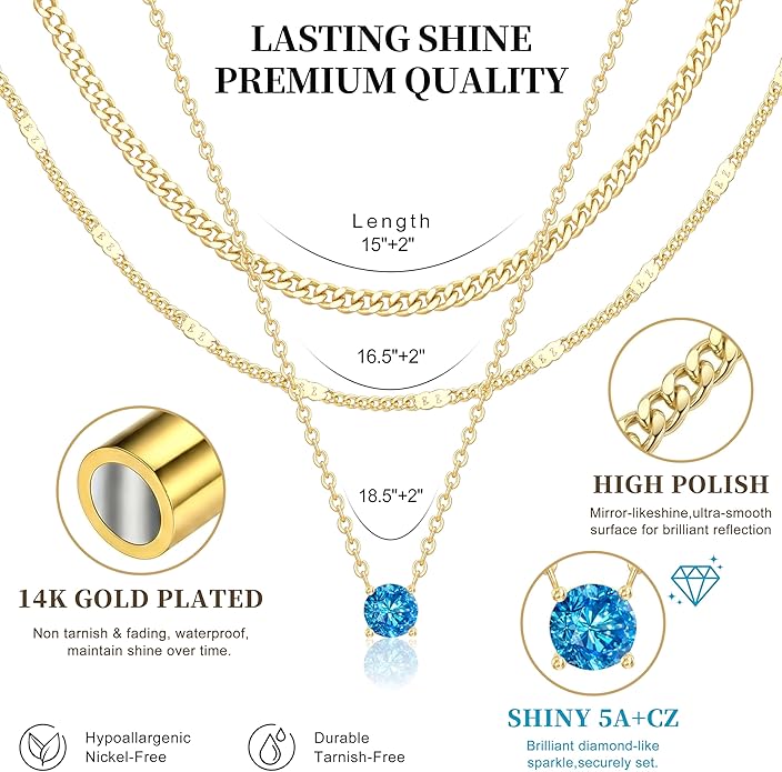 WomenGifts Layered Gold Necklaces for Women, 14K Gold Sterling Silver Plated Dainty Pendant Necklace Set with Cubic Zirconia Circle, Chunky Stackable Cuban Chain Choker, Trendy Personalized Birthstone Jewelry Gift Non Tarnish