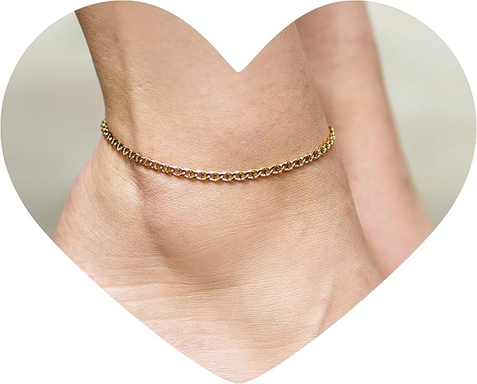 LIFETIME JEWELRY Womens Gold Anklet 3mm Mariner Link Chain Ankle Bracelet 24k Gold Plated