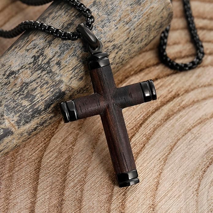 GTMJ Cross Necklace for Men -Stainless Steel & Wood Adjustable Box Chain 24-26in, Spiritual Jewelry Gift for Him, Everyday Wear