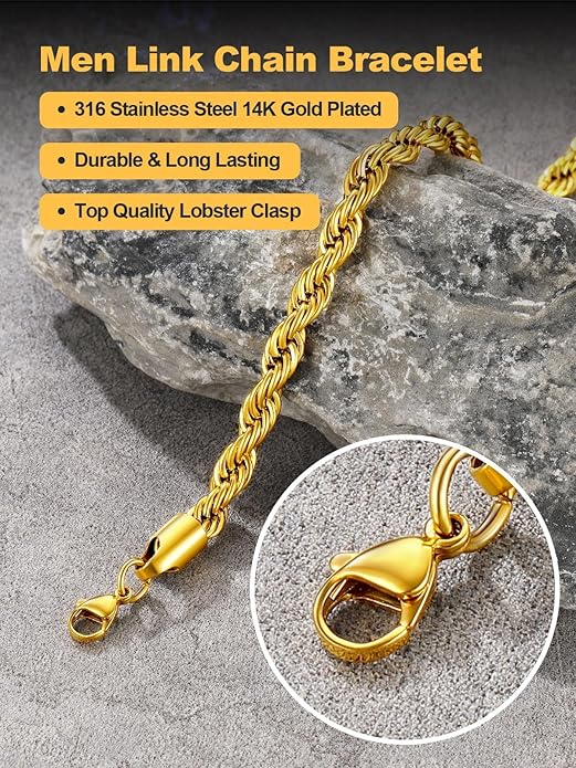 U7 Link Bracelets for Men, Cuban Link/Rope/Watch Band Solid Bracelet, Silver Black Gold Color Wrist Bracelet 3/6/9/12/15mm Width, 6.5/7.5/8.3 Inch Length, Hand Chain Jewelry for Mens Women