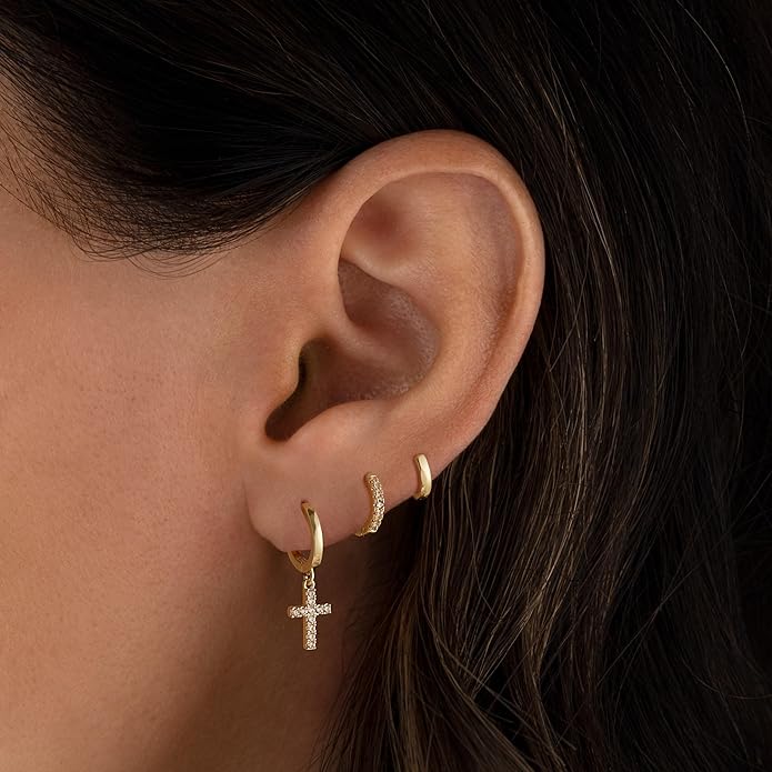 Gold Hoop Earrings Set for Women Trendy, 14K Gold Plated Chunky Hypoallergenic Small Diamond Cartilage Hoops Cute Cubic Zirconia Dangle Stud Earrings Jewelry Gifts