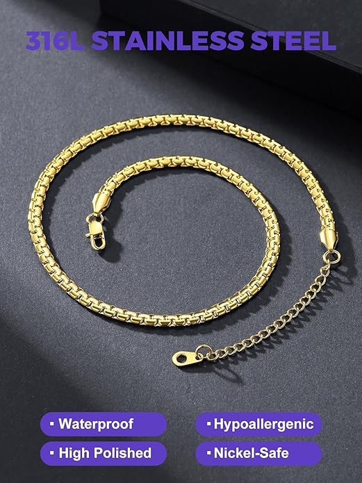 Richsteel Stainless Steel Mens Flat Link Chain Necklace, Black/Gold/Steel Chain for men, 2mm/4mm/6mm Width, No Tarnish & Hypoallergenic Hip Hop Jewelry, 18"-30" Length