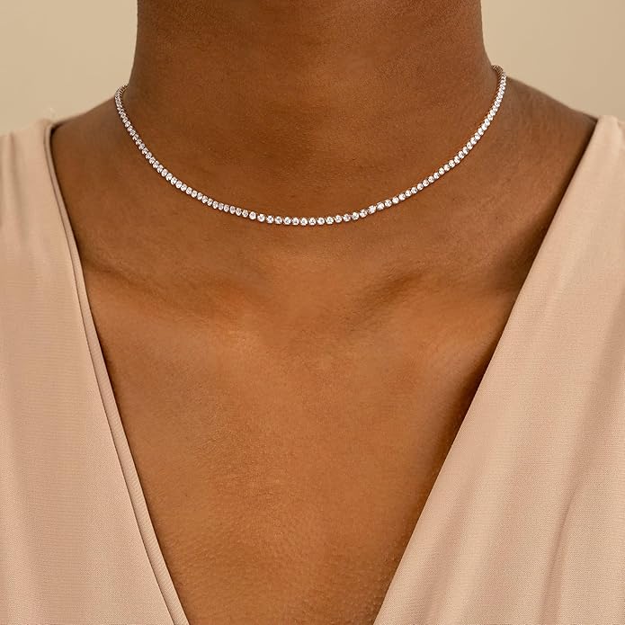 Tennis Necklace for Women, 14K Gold/Silver Plated Rhinestone Choker Necklaces for Women, Dainty Cubic Zirconia Cut Faux Diamond Chain