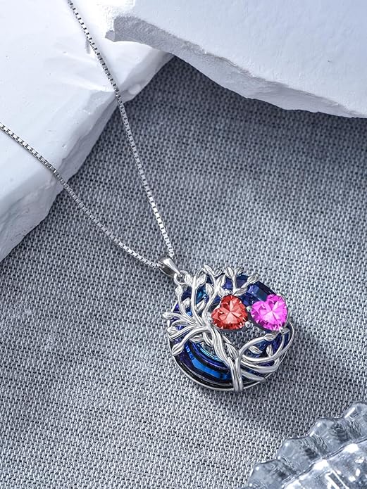 TOUPOP s925 Sterling Silver Family Celtic Tree of Life Pendant Necklaces with 2 Heart Birthstone with Blue Austrian Crystal Jewelry Birthday Anniversary Christmas Gifts for Her Wife Girlfriend Mom (18K Real White Gold Filled)