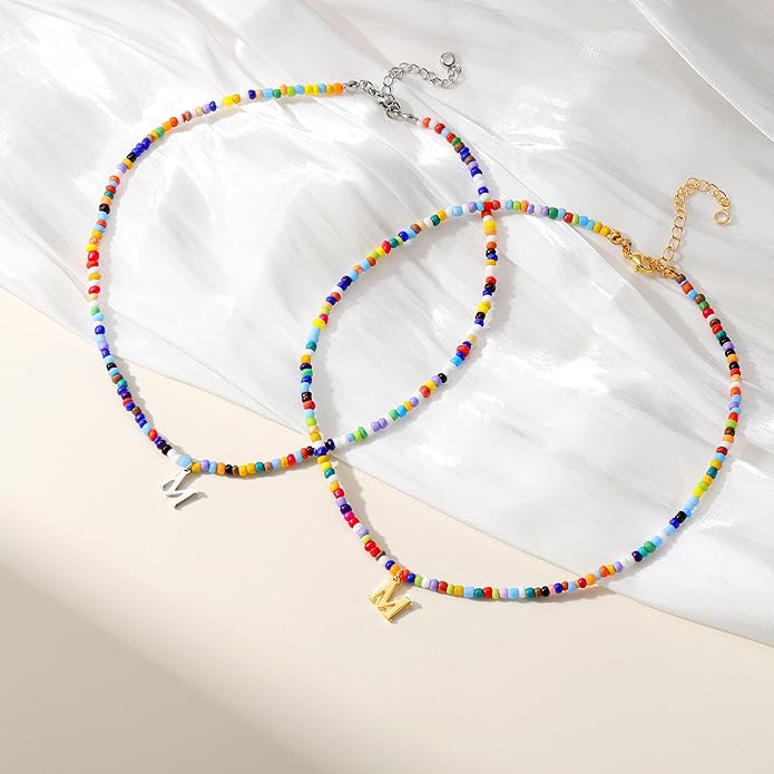Yoosteel Colorful Beaded Initial Necklaces for Girls Gifts - Cute Choker Necklace for Kids Jewelry A-Z Initial Necklaces for Women Personalized Birthday Gifts for Teenage Girls