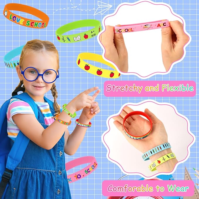JUNEBRUSHS 64Pcs Welcome Back to School Party Favors Silicone Bracelets Rubber Wristbands for First Day of School Party Decorations Kindergarten Preschool Favors Supplies(8 Designs)