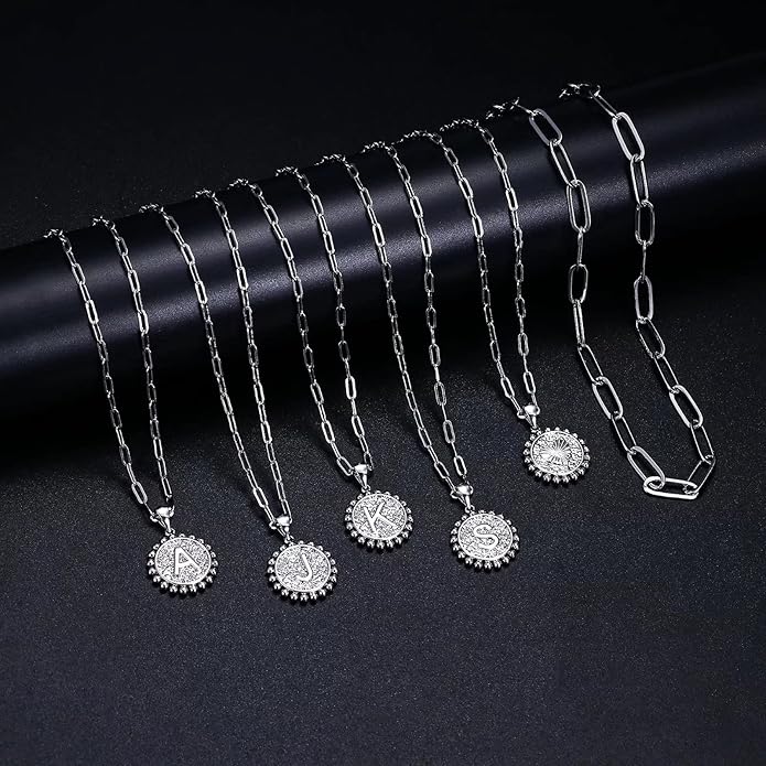 Yoosteel Gold Initial Necklaces for Women, 14K Gold Plated Dainty Layering Paperclip Link Chain Necklace Coin Initial Layered Necklaces for Women Personalized Birthday Gifts