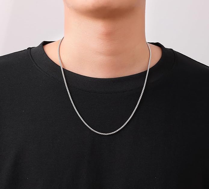 Fiusem Box Chain for Men, Silver Tone/14K Gold Plated/Black Stainless Steel Necklace for Men and Women, Width 2/2.5/3/4/5mm, Length 18-28 Inches