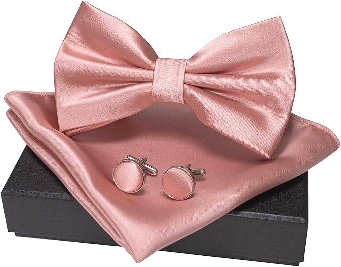 JEMYGINS Solid Color mens Pre-tied Bow Tie and Pocket Square Cufflinks Sets with Gift Box