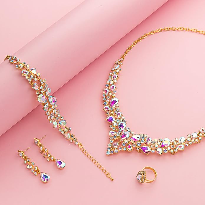 Paxuan Crystal Bridal Wedding Jewelry Sets for Women Rhinestone Teardrop Crystal Statement Choker Necklace Drop Earrings Link Bracelets Rings Teardrop Jewelry Set for Brides Bridesmaids