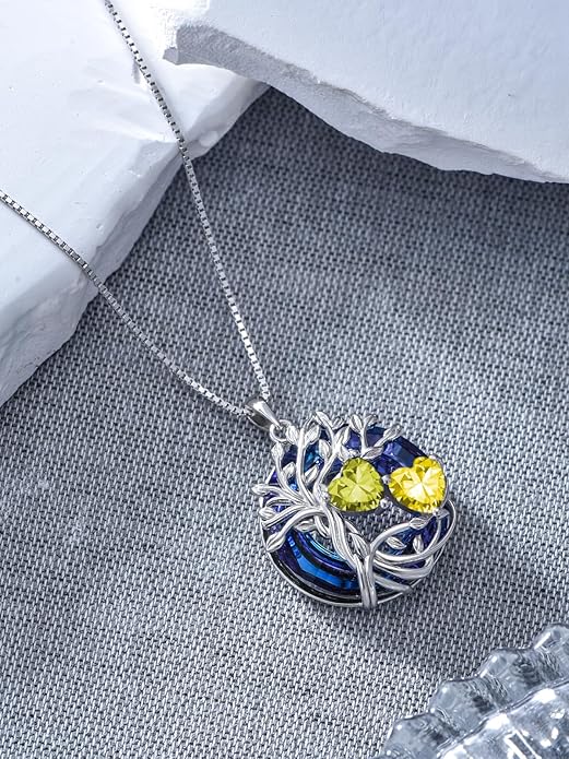 TOUPOP s925 Sterling Silver Family Celtic Tree of Life Pendant Necklaces with 2 Heart Birthstone with Blue Austrian Crystal Jewelry Birthday Anniversary Christmas Gifts for Her Wife Girlfriend Mom (18K Real White Gold Filled)