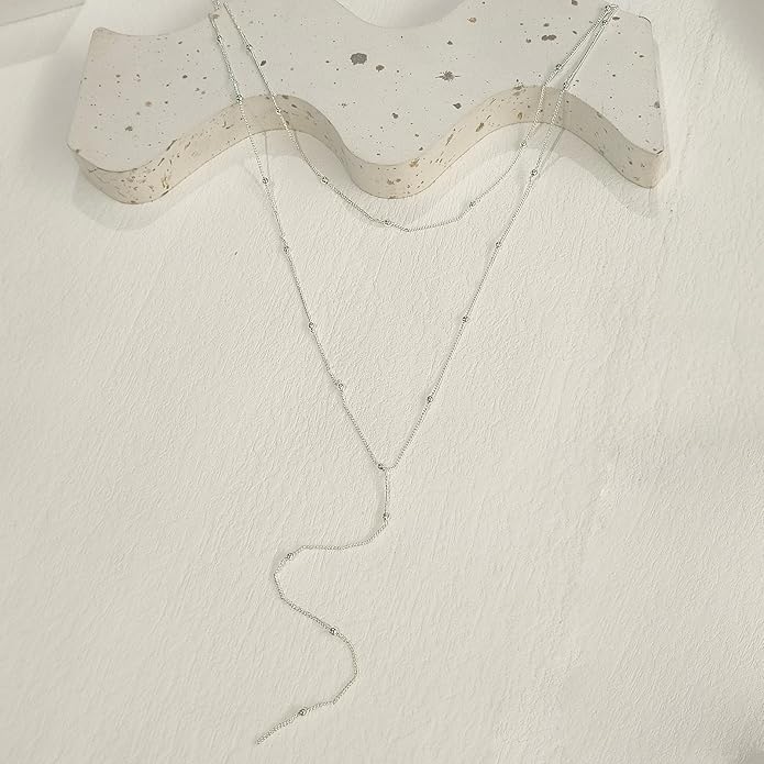 Lariat Gold Necklace for Women, Dainty Long Necklace 14k Gold Plated/Silver Y-Shaped Layered Beaded Chain Drop Necklaces for Women Trendy Simple Gold Jewelry for Women Gifts