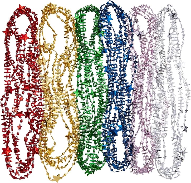 Sparkle and Bash Happy Birthday Necklace Set - 24 Count, 6 Metallic Colors, 15.5 in Bead Strand - Birthday Necklaces & Party Favors