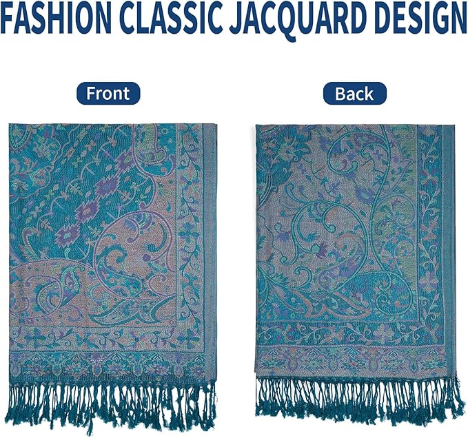 QIUTIMIY Paisley Pashmina Shawl Wrap Women Reversible Vintage Jacquard Pashmina Rave Scarf with Fringe for Evening, Wedding