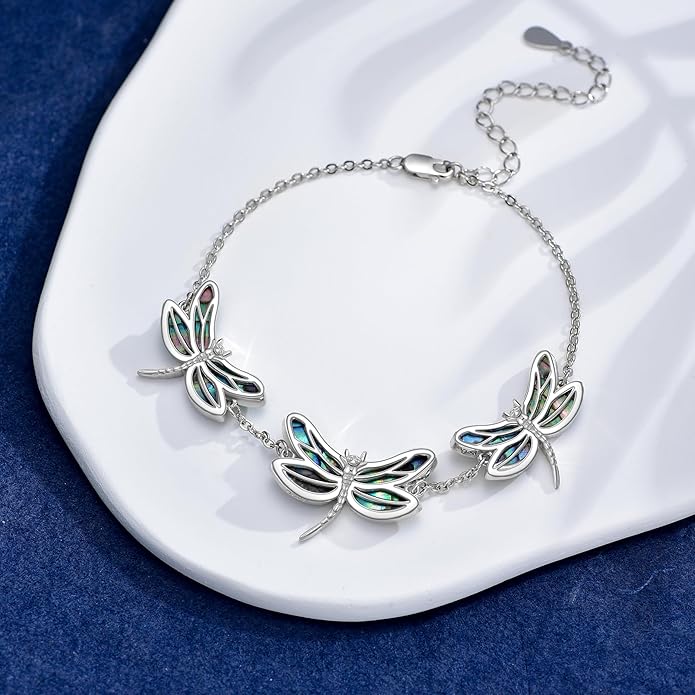 Dragonfly Abalone Bracelet 925 Sterling Silver, Adjustable Bohemian Bracelets, Genuine Abalone Shell Jewelry Birthday Gift for Her