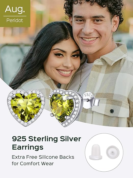 ChicSilver 925 Sterling Silver Birthstone Earrings for Women, 8MM/2 Carat Heart & Round Cubic Zirconia Stud Earrings, Hypoallergenic Jewelry, Ideal Birthday or Christmas Gifts