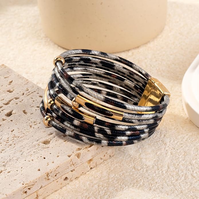 ENGCKSHI Wrapped Bracelets for Women,Leather Bracelet,Boho Bracelets for Women,Multi-Layer Pearl Crystal Bracelet Bangle Jewelry