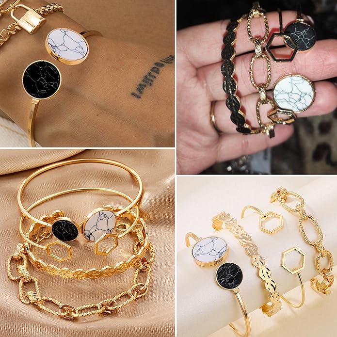 17IF 18-25 PCS(6 Pack) Boho Gold Bracelets Set for Women Stackable Chunky Dainty Bangles Adjustable Chain Flat Cuff Cuban Punk Charm Bundle Jewelry