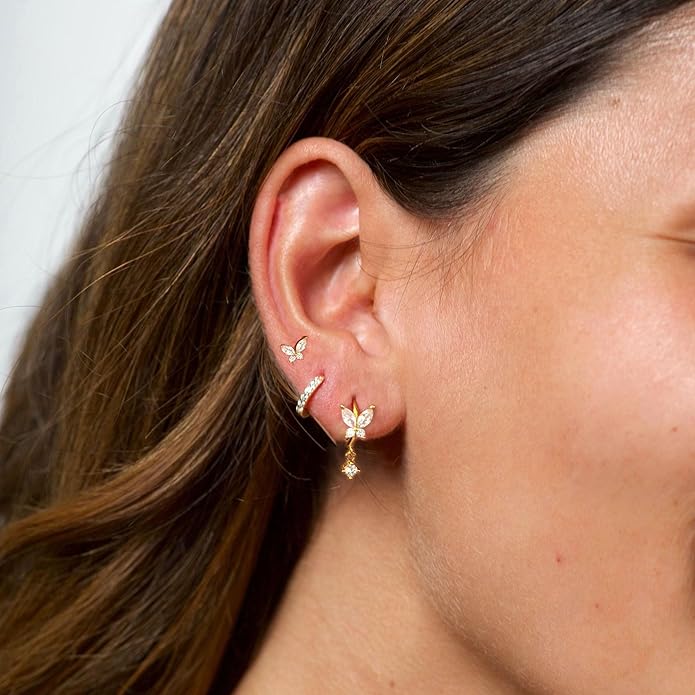 Gold Plated Earrings for Women, 14k Gold Plated Earring Stack Hypoallergenic Pearl Drop Earring Dainty Earrings for Women Trendy Cute Small Huggie Hoop Earring Fashion Womens Jewelry
